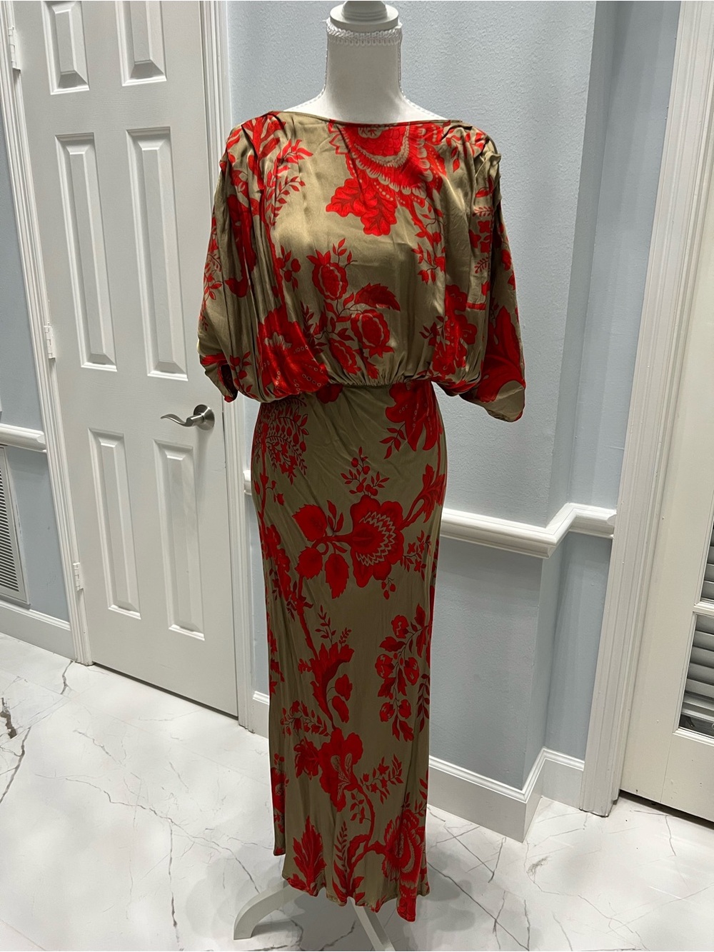Vicolo Red & Gold Floral Maxi Dress Batwing Sleeves